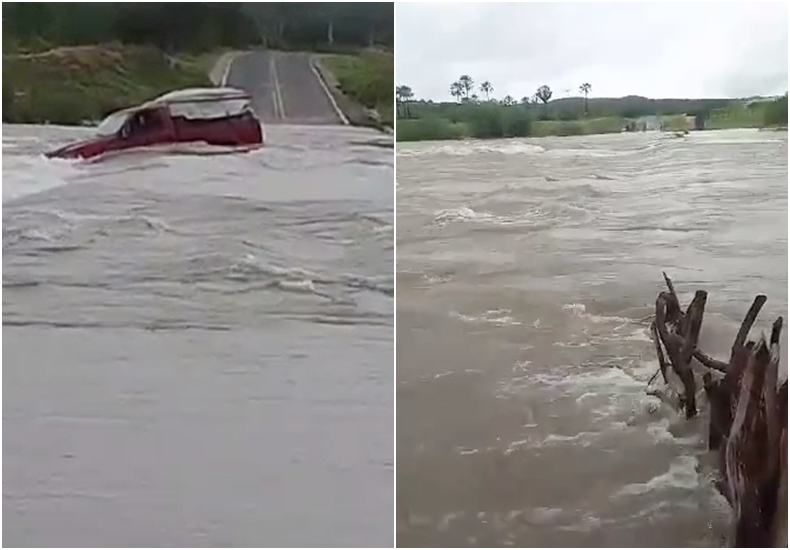 Barragem Pedra Redonda transborda e causa interdição na PI 143 carro é