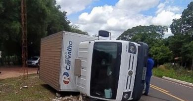 Caminhão de empresa de supermercados tomba na PI-113 após pneu estourar