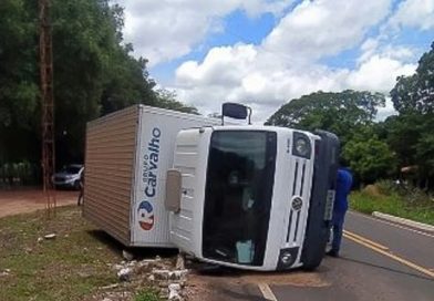 Caminhão de empresa de supermercados tomba na PI-113 após pneu estourar
