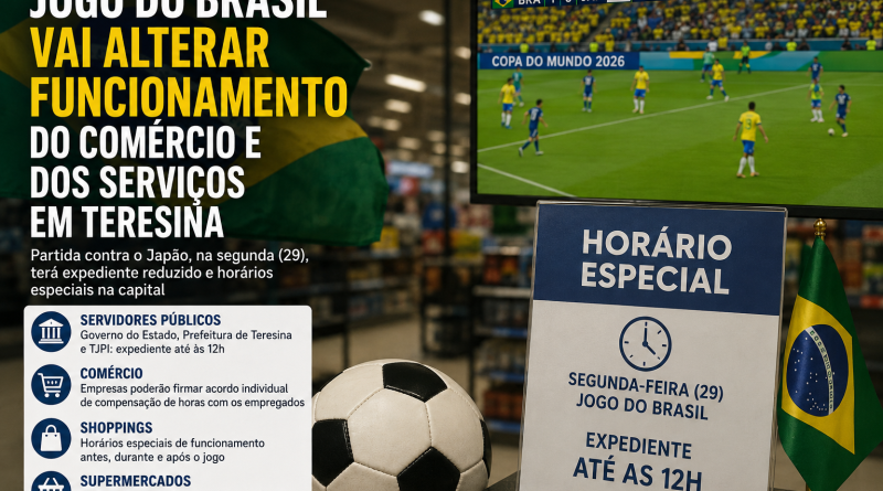 Jogo do Brasil terá impacto no funcionamento do comércio e dos serviços em Teresina na segunda-feira