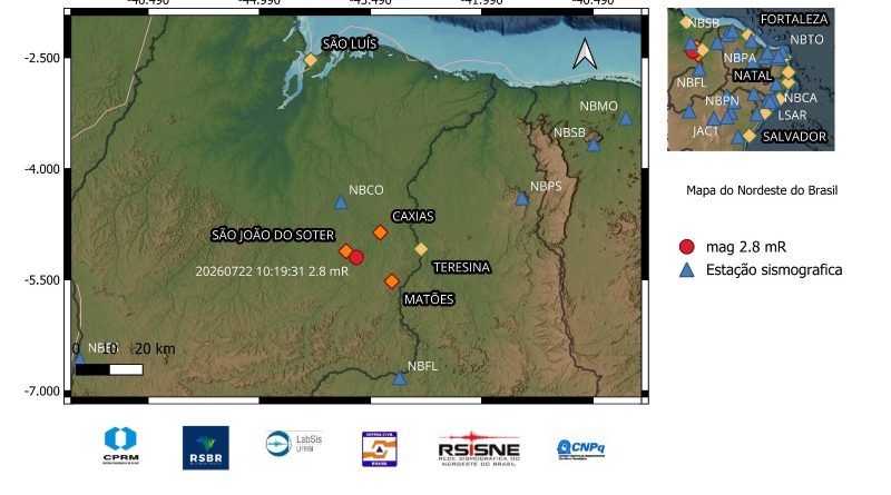 Tremor de terra de magnitude 2,8 é registrado em Caxias, no Maranhão, próximo ao Piauí